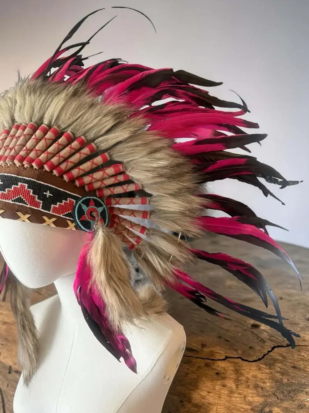 Feather Headdress Black and Pink Beaded One Size